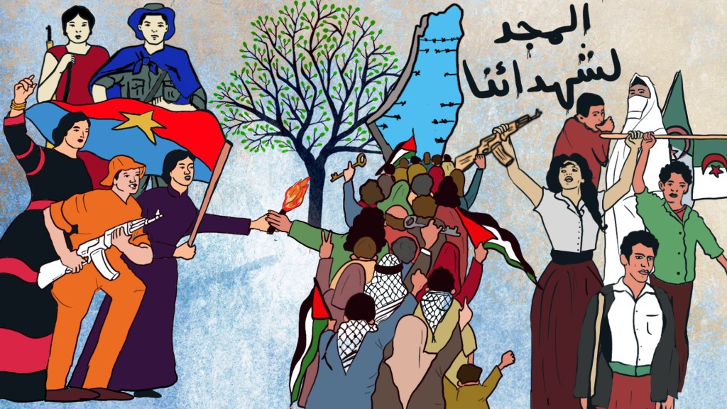 digital mural visualizing the passing of the torch from Vietnamese and Algerian freedom fighters to Palestinians