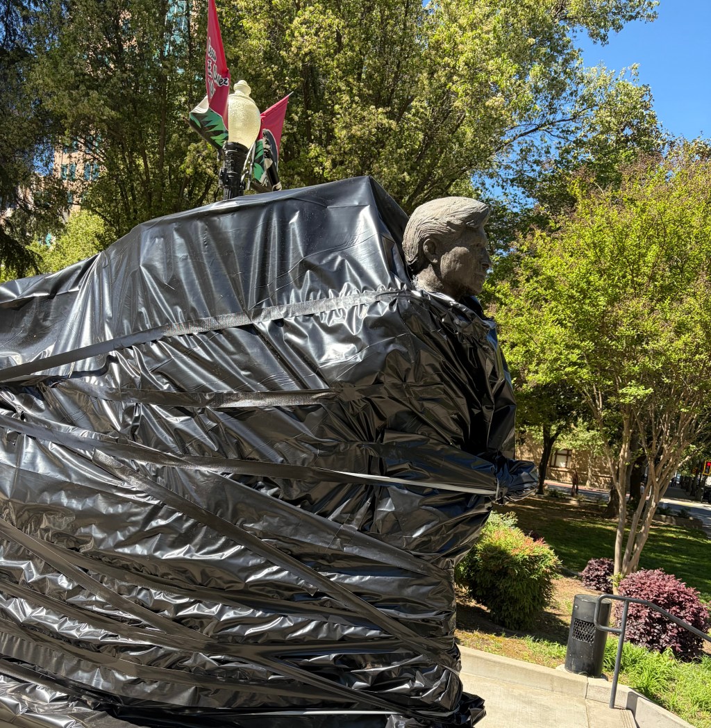 A statue of Cesar Chavez covered in black plastic wrap up the head