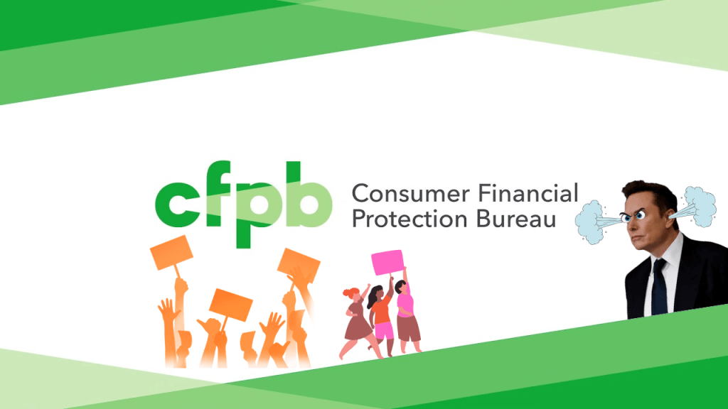 Consumer Financial Protection Bureau logo as a background, with workers and the public depicted rising up in its defense, with Musk looking on angrily