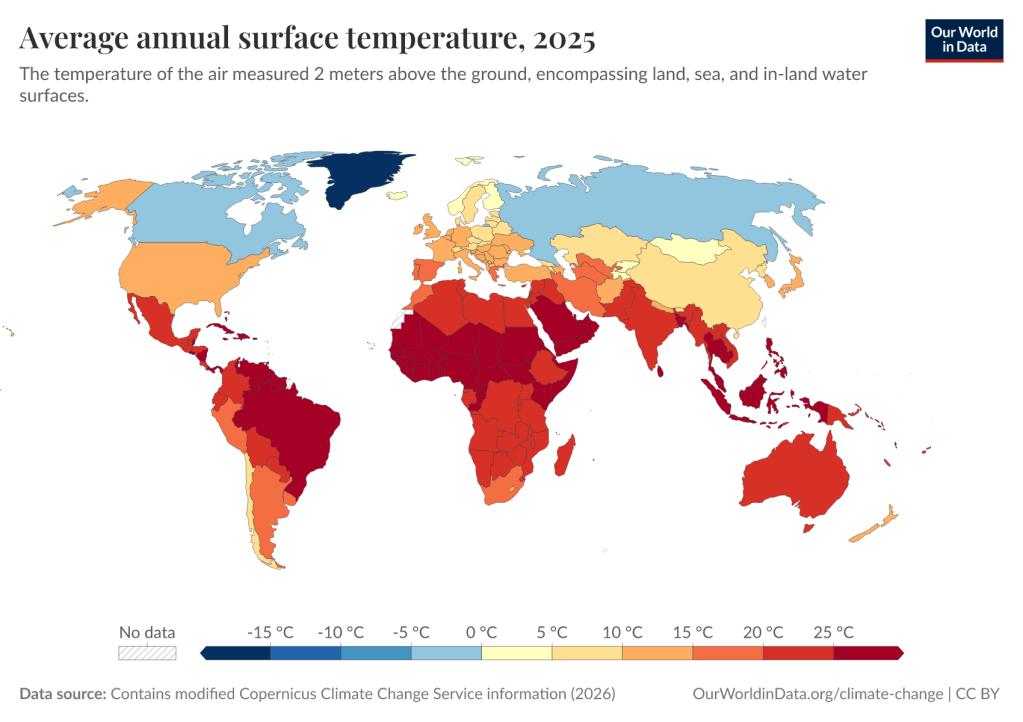 Global average temperatures map 2025